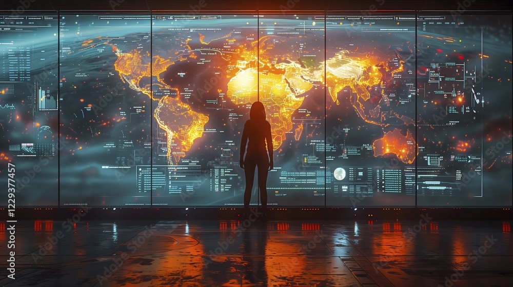 Poster silhouettes of people standing in front of a luminous world map. conceptual visualisation of global 