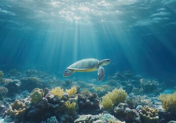 Graceful Sea Turtle Swimming Through Vibrant Coral Reef with Sunlight Filtering Through Calm Ocean Water