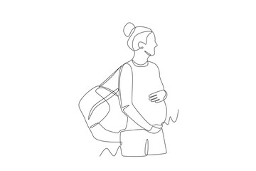 Pregnant woman with maternity preparation bag. Pregnant women getting ready for baby concept one-line drawing