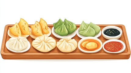 Assorted dumplings, sauces, wooden board, Asian cuisine, restaurant menu