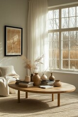 Fototapeta premium Sunlit living room, calm neutral tones, stylish decor.