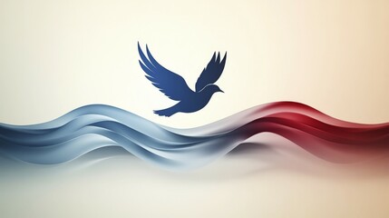 Fototapeta premium A blue dove flying over flowing blue and red gradient waves on a white background symbolizing peace, AI generated