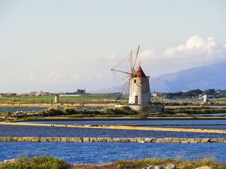 Ettore Infersa Saltworks windmill, Marsala, Laguna dello Stagnone, Province of Trapani, Sicily,...