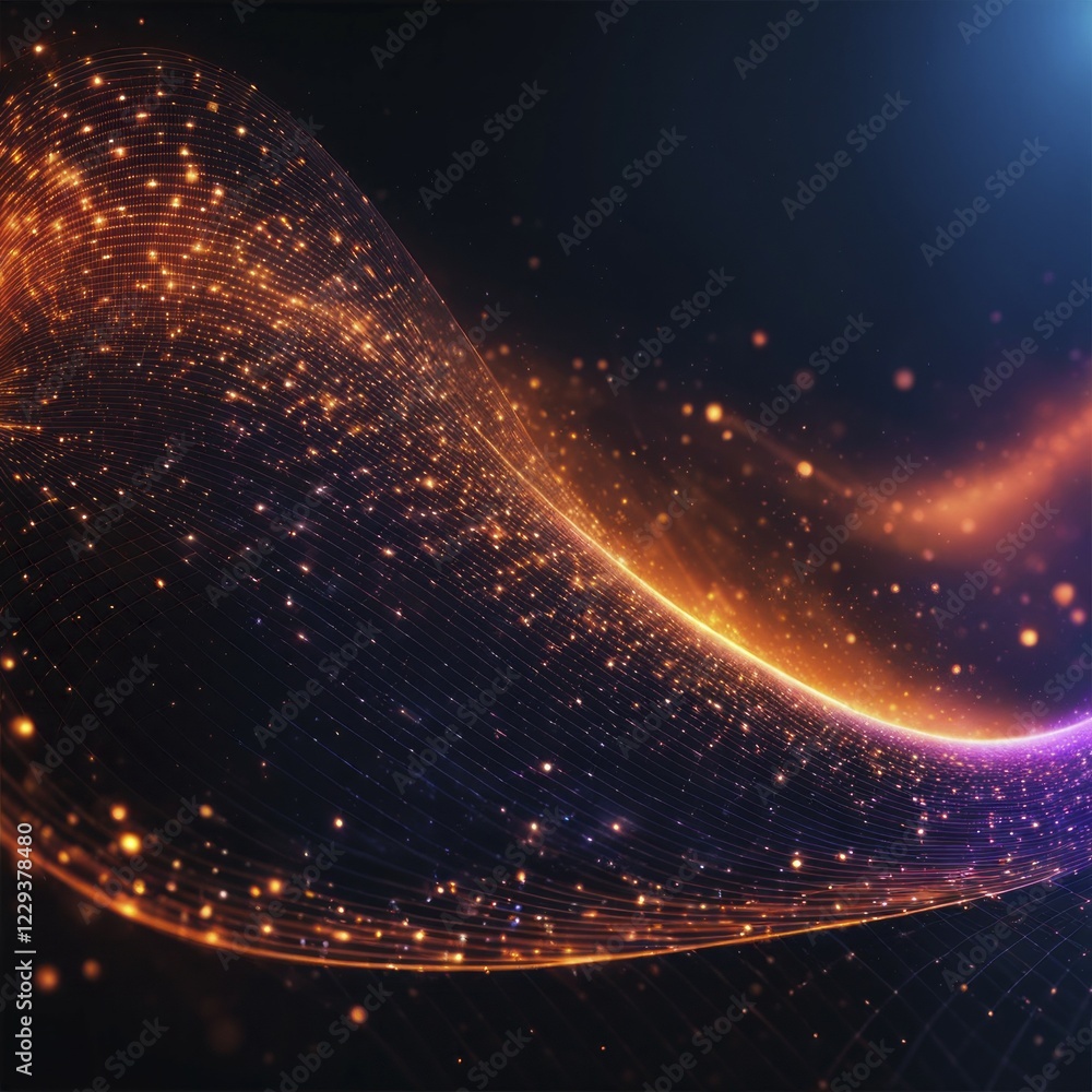 Poster abstract digital art with multicolored light waves and glowing particles on a dark background, fire 