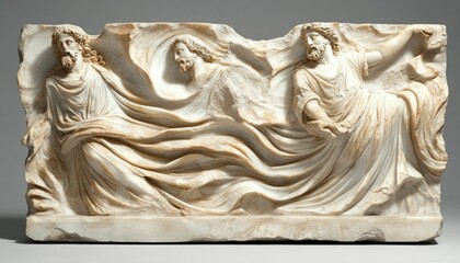 Ancient Marble Relief Depicting Three Figures in Flowing Drapery and Dramatic Composition