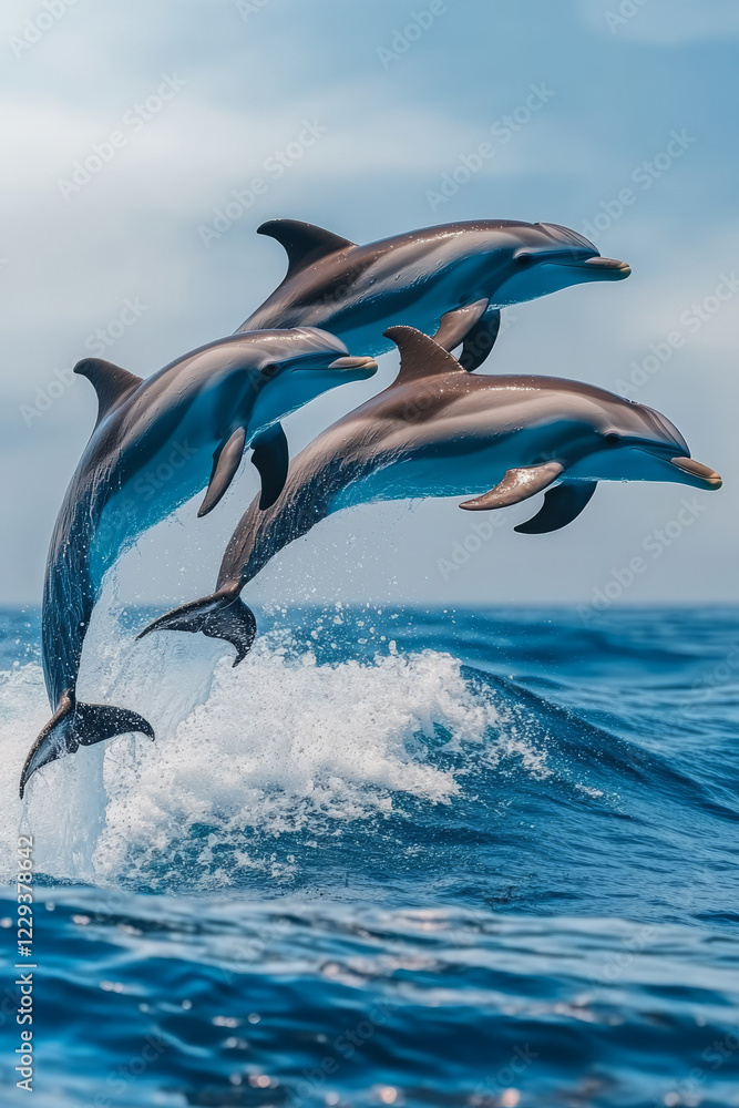 Poster a vibrant shot of dolphins leaping in unison above ocean waves, emphasizing synchronized movement an