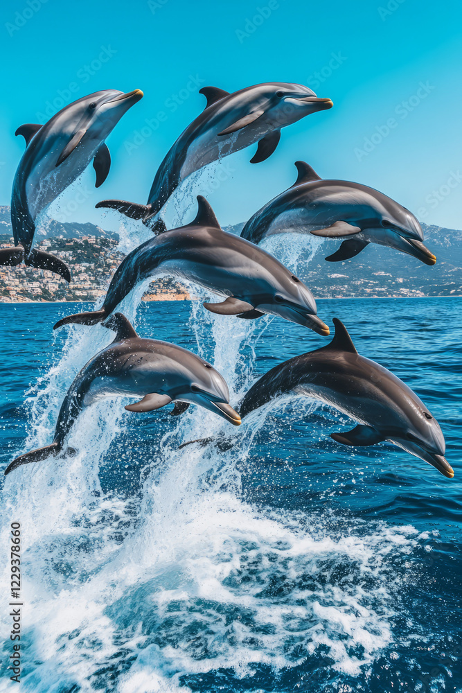 Poster a vibrant shot of dolphins leaping in unison above ocean waves, emphasizing synchronized movement an