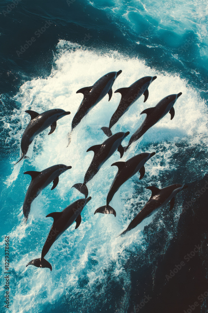 Poster a vibrant shot of dolphins leaping in unison above ocean waves, emphasizing synchronized movement an
