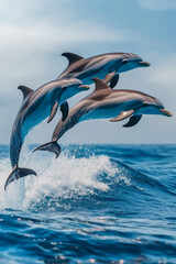 Fototapeta premium A vibrant shot of dolphins leaping in unison above ocean waves, emphasizing synchronized movement and group communication,