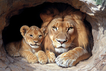 Fototapeta premium A playful pair of lion cubs wrestling under the watchful eye of their mother, illustrating social bonding and natural behavior,