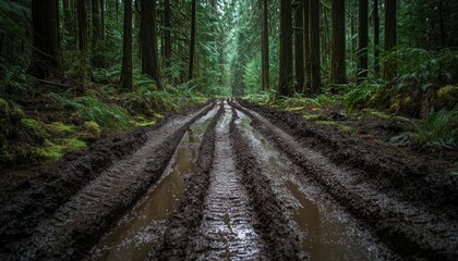 Obraz premium Muddy Forest Road After Rain: Deep Tire Tracks in a Lush Green Setting
