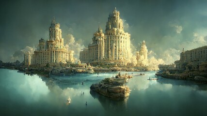 Fototapeta premium Illustration of Atlantis, acient civilization, history and mythology, legend city sunken under the water