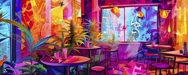 Abstract composition of a cannabis cafe with ambiance bold contrasting colors and playful shapes, AI generated