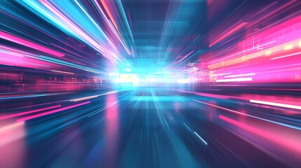 The image presents a dynamic and abstract composition dominated by blurred, luminous lines of pink and blue, suggesting rapid movement and a sense of energy.