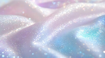 A close-up of shimmering, white holographic fabric with a flowing, draped texture, catching the light and displaying a spectrum of pastel colors and sparkling glitter.