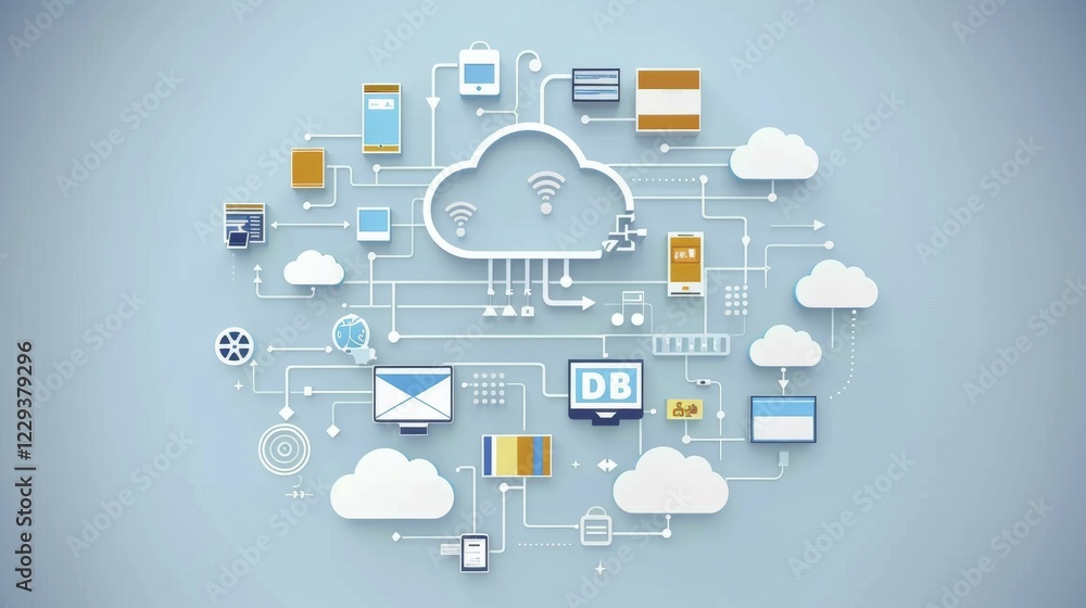 Poster digital illustration depicting a cloud network with various technology icons connected in a minimali