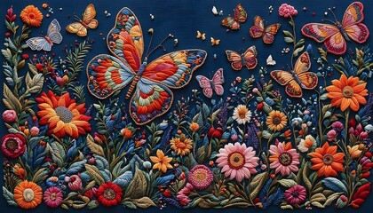 Butterfly and Flowers Embroidery Art