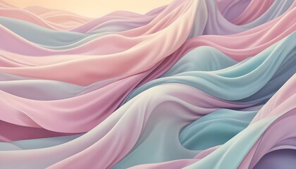 Obraz premium Suaves ondas abstractas de tela o seda de colores pastel que fluyen y se curvan a lo largo del marco, creando una composición serena y onírica