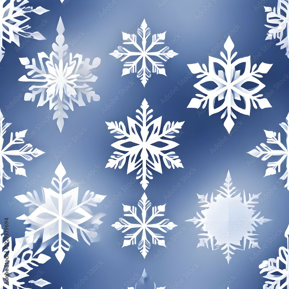 Poster abstract pattern of snowflakes in varying sizes and shapes in soft white and blue gradients, ai gene