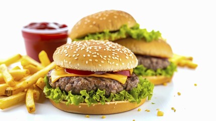 Cheeseburgers and fries on a white background with ketchup, AI generated