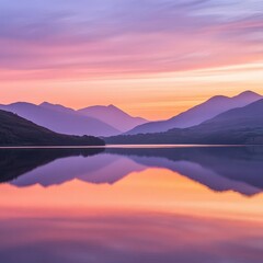 Serene twilight over tranquil lake reflecting mountains and pastel skies