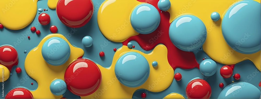 Poster abstract image with vibrant blue and red blobs and liquid shapes on a yellow background, ai generate
