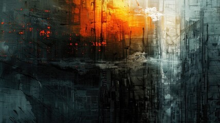 Naklejka premium This abstract artwork features distressed amber and apricot light, creating a dramatic visual atmosphere. The interplay of colors and textures invites deep interpretation and exploration.