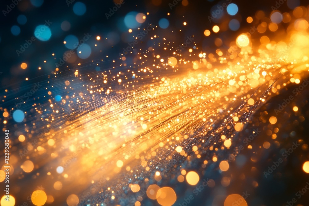 Poster Sparkling golden particles create a mesmerizing trail in a dark background, evoking magic and wonder in the atmosphere