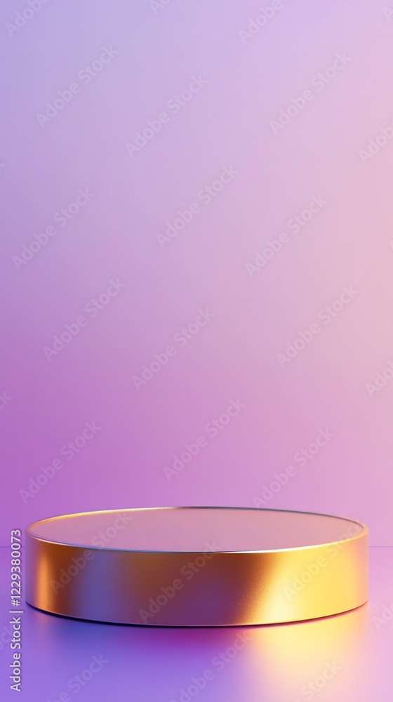 Poster a striking gold podium with sharp geometric edges stands proudly, illuminated by soft purple lightin
