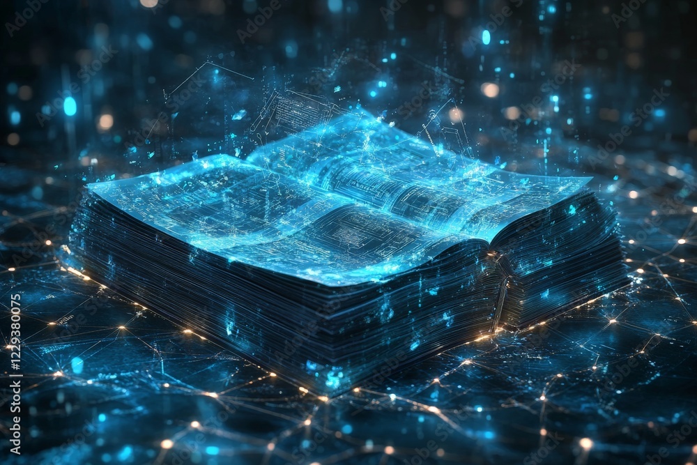 Leinwandbilder Digital book displaying holographic light patterns against a dark background representing knowledge and technology connection