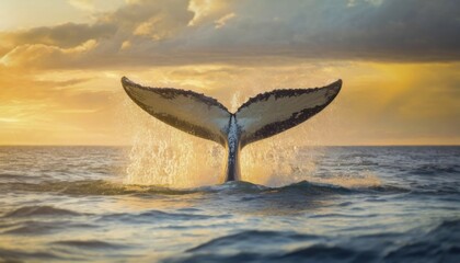 Fototapeta premium Whale tail splashing above the ocean water with a beautiful sunset on the horizon. Generative Ai, AI generated