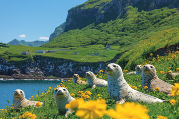 Naklejka premium A serene image of a seal colony basking on a rocky shoreline, with the tide rolling in, representing the protective nature of colony living,