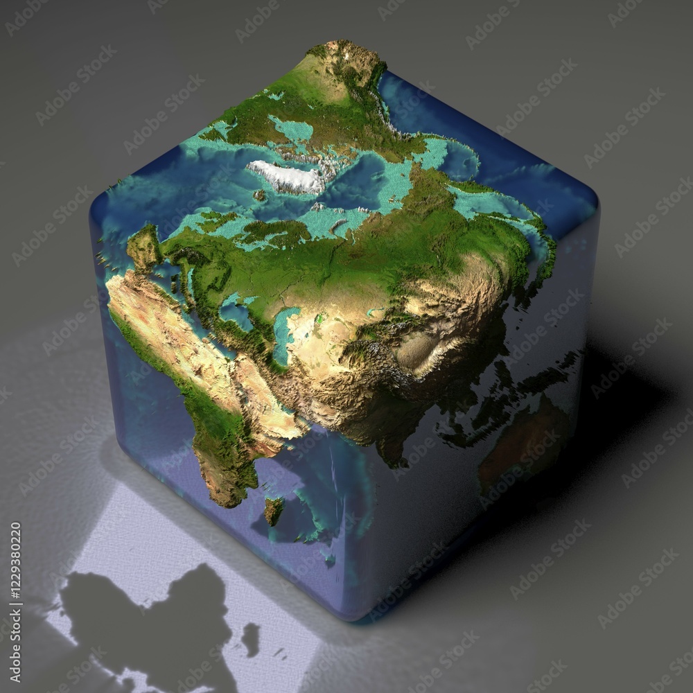 Poster earth is a cube with translucent water of the oceans and highlights of reflected light on a gray bac