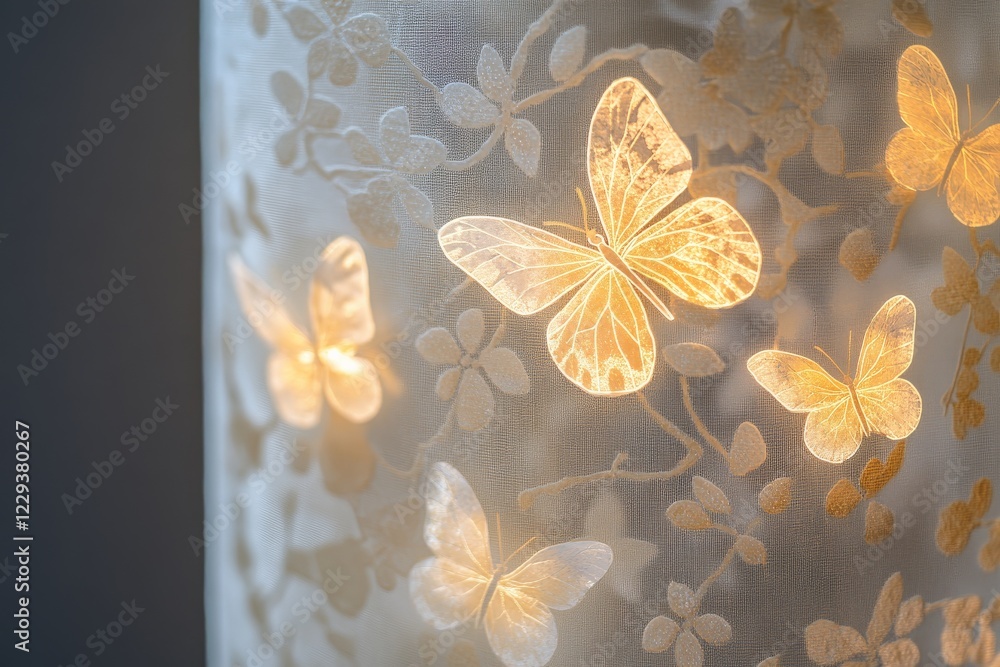 Poster softly glowing butterflies adorn a delicate fabric shade in a tranquil setting during evening hours