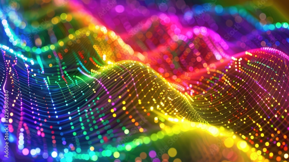 Poster a vibrant and colorful abstract image featuring flowing wave patterns filled with dots and lines, cr