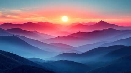 Fototapeta premium Stunning sunrise over expansive mountain ranges with vibrant colors casting a serene glow across the landscape