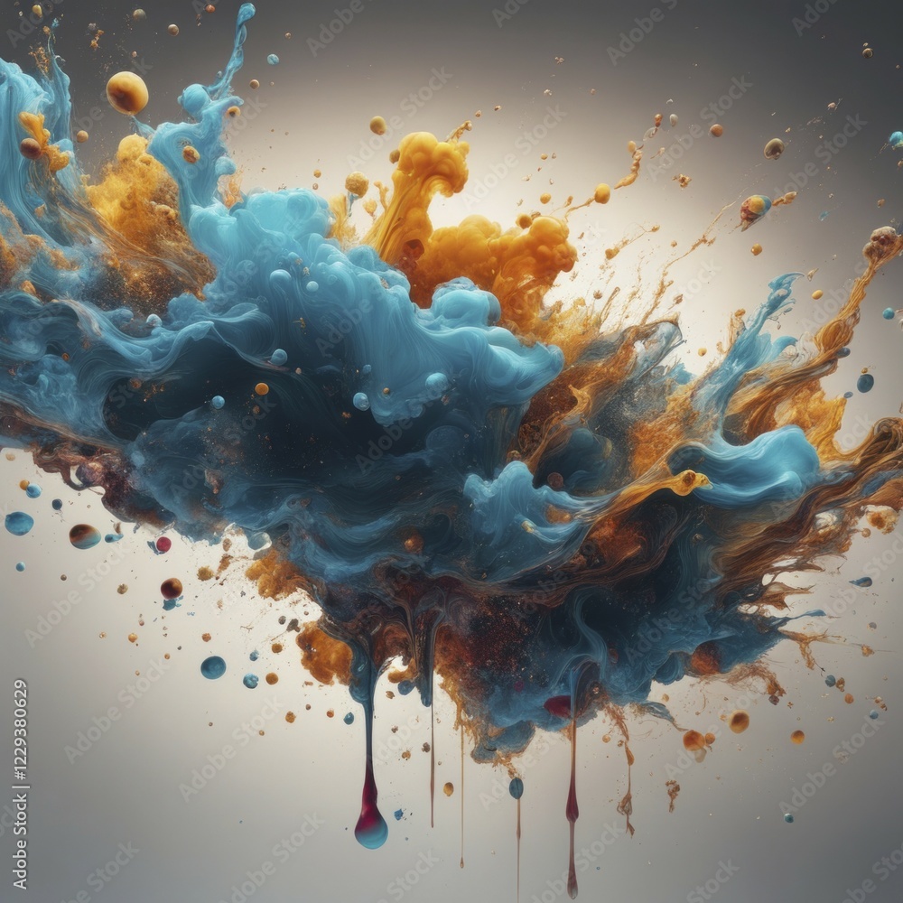 Poster abstract splatter of blue and orange colors against a neutral background, creating a dynamic and art