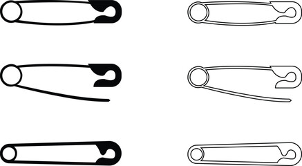 safety pin icon set.Opened and closed pin.Needle and Safety Pin Icon on Black and White Vector Backgrounds.Realistic Metal Safety Pin Vector silhouette editable stroke on transparent background.