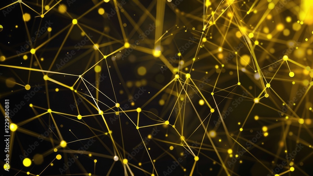 Poster explore a vibrant futuristic background featuring a network of yellow lines and particles on a dark 