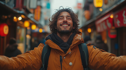 Obraz premium Man wearing orange coat happy to be in japan, cheering in Tokyo