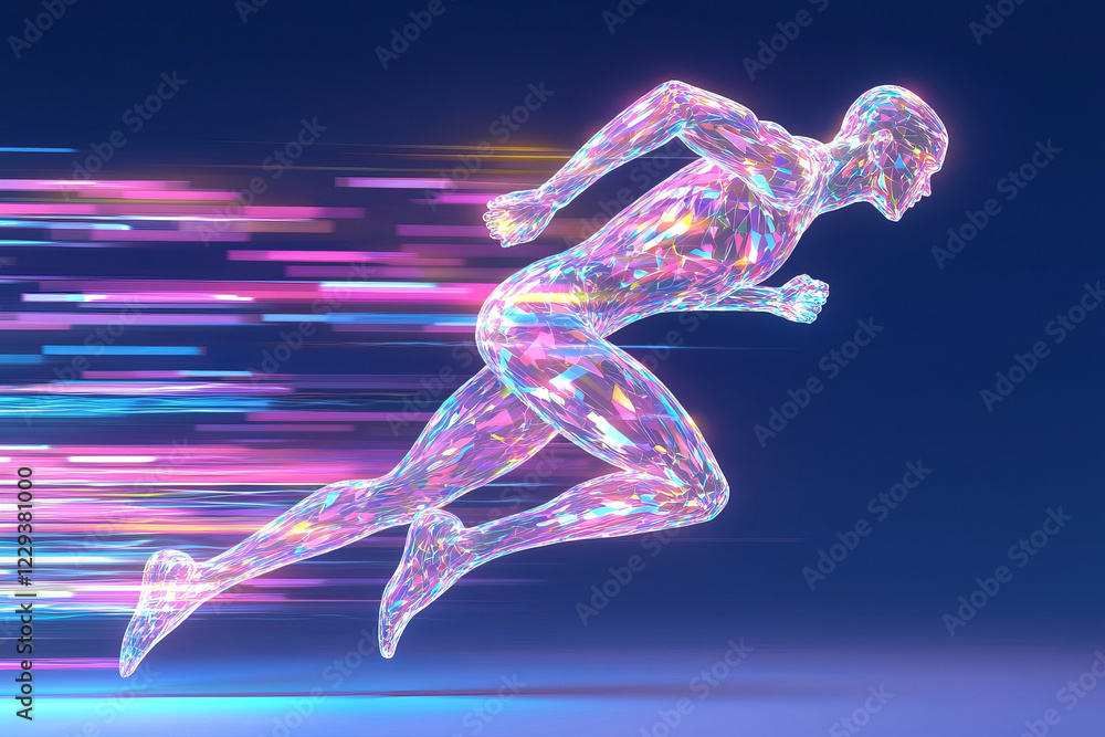 Poster a dynamic abstract illustration of a runner with fragmented shapes and neon lines, symbolizing speed