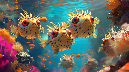 Pufferfish with round bodies and striking spines, swimming nimbly in a colorful aquarium. AI generated images.