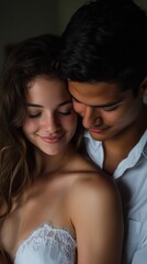 Romantic embrace between couples cozy indoor setting portrait intimate atmosphere