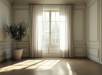 Obraz premium A large, bright room with white walls, a wooden floor, and a large window with sheer curtains. The sun shines through the windows, creating soft shadows on the wall and floor. 