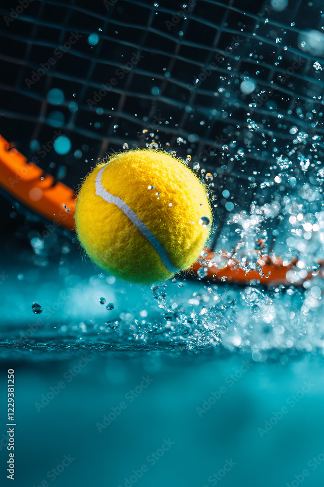 Poster a dynamic close-up photograph of a tennis racket connecting with a ball, showcasing the power and pr