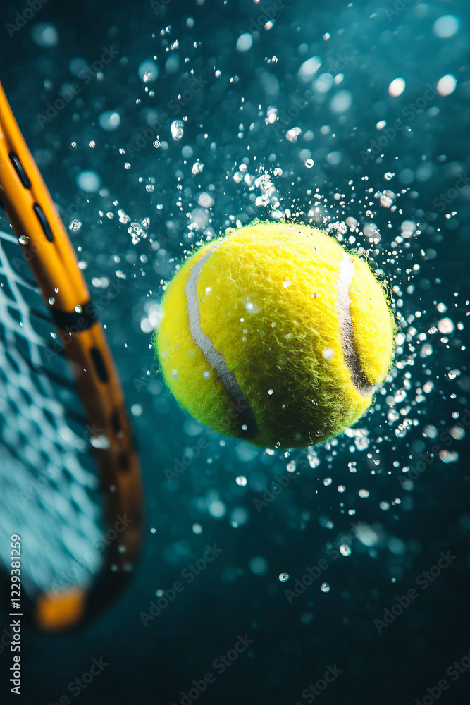 Poster a dynamic close-up photograph of a tennis racket connecting with a ball, showcasing the power and pr