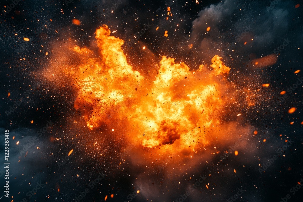 Poster spectacular fiery explosion creating a dramatic display of flames and smoke in a dark environment
