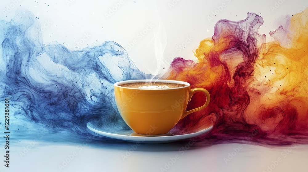 Poster yellow coffee cup on a saucer with smoke and colorful abstract background creating a splash of color