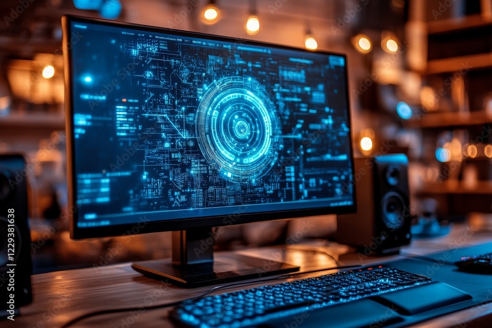 Aufkleber Modern computer setup with futuristic display in a cozy workspace