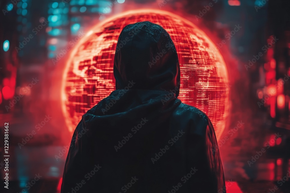 Aufkleber mysterious figure stands before a glowing red globe in a futuristic urban setting at night